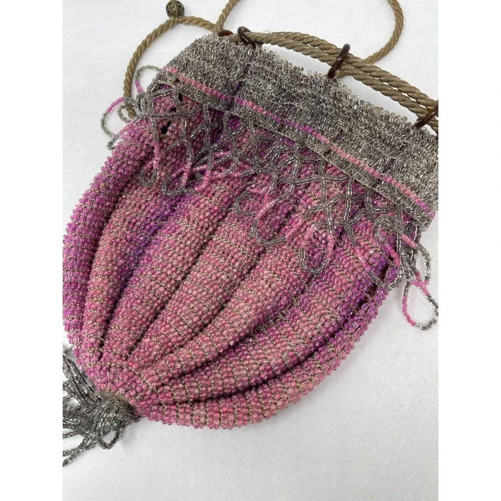 Glass Bead Drawstring Flapper Purse Manganese‎ Cadmium 1920s Purple UV Reactive